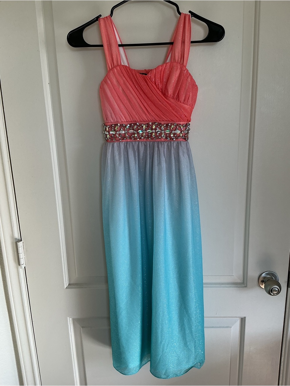 Sequin Hearts Girls Ombre Glitter Maxi Dress Rhinestone Waist Coral Blue Size 8